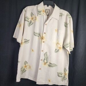 Jamaica Jaxx Mens Silk Aloha Hawaiian Shirt‎ Cream Floral Print Button Up M